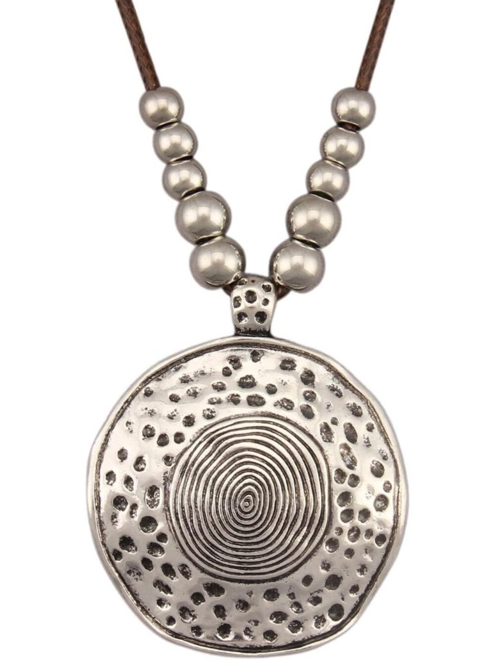 Women's Silver Round Pendant Necklace Hammered Textured Beaded Boho Jewelry Gift